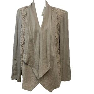 Chicos 2 Open Lacy Taupe Jacket Large Roll Tab Sleeve Neutral Minimal Light New